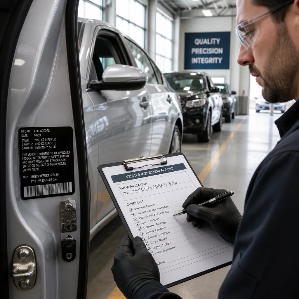 Technician verifying VIN on sedan in professional inspection facility