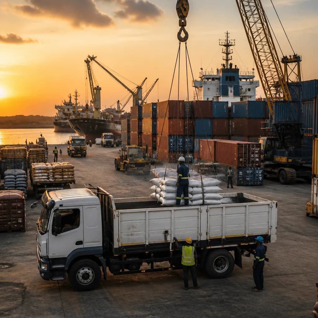 Aerial view of African port with stacked containers and industrial loading operations at sunset
