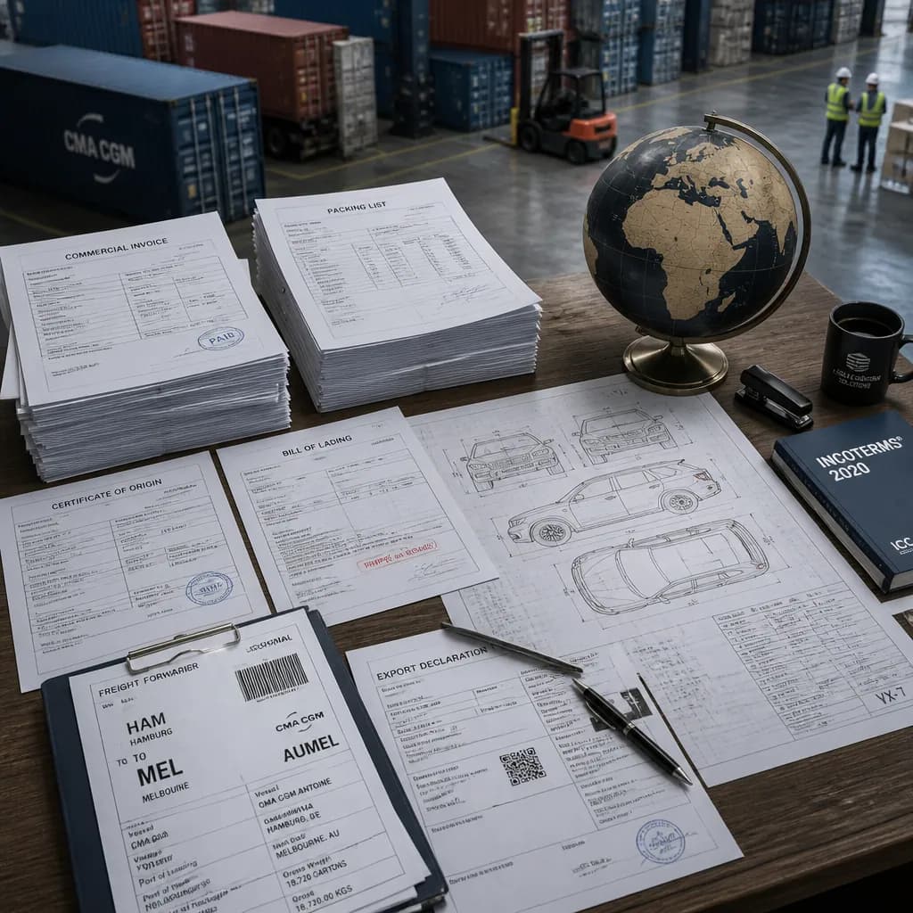 International shipping documentation and compliance materials arranged on a logistics workspace