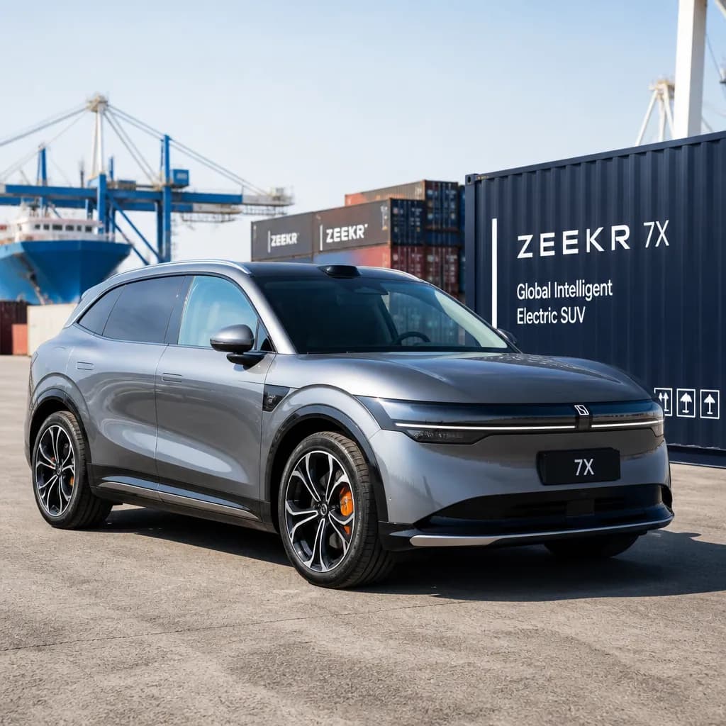 Zeekr 7X electric SUV at an international shipping port facility showcasing export logistics