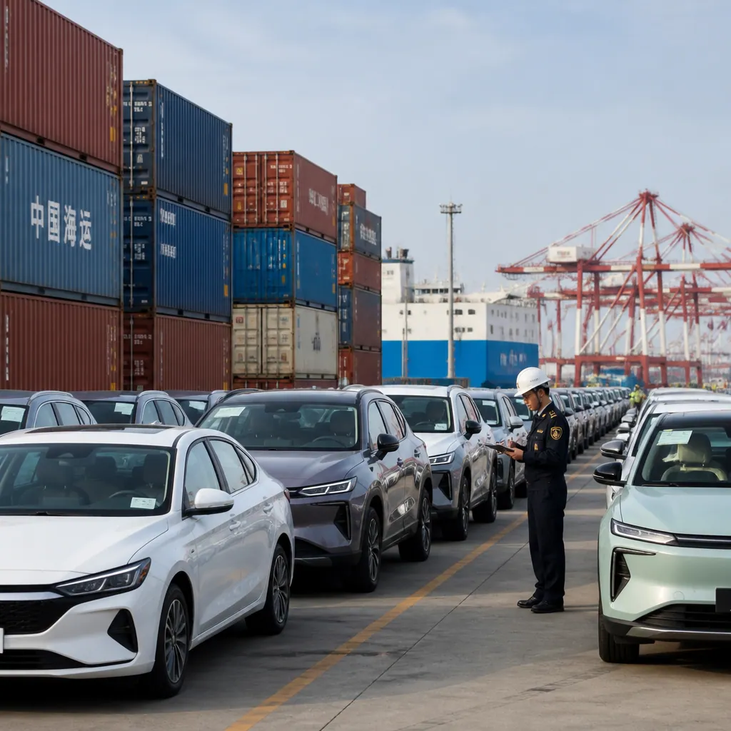 New vehicles prepared for export at a Chinese shipping port container terminal