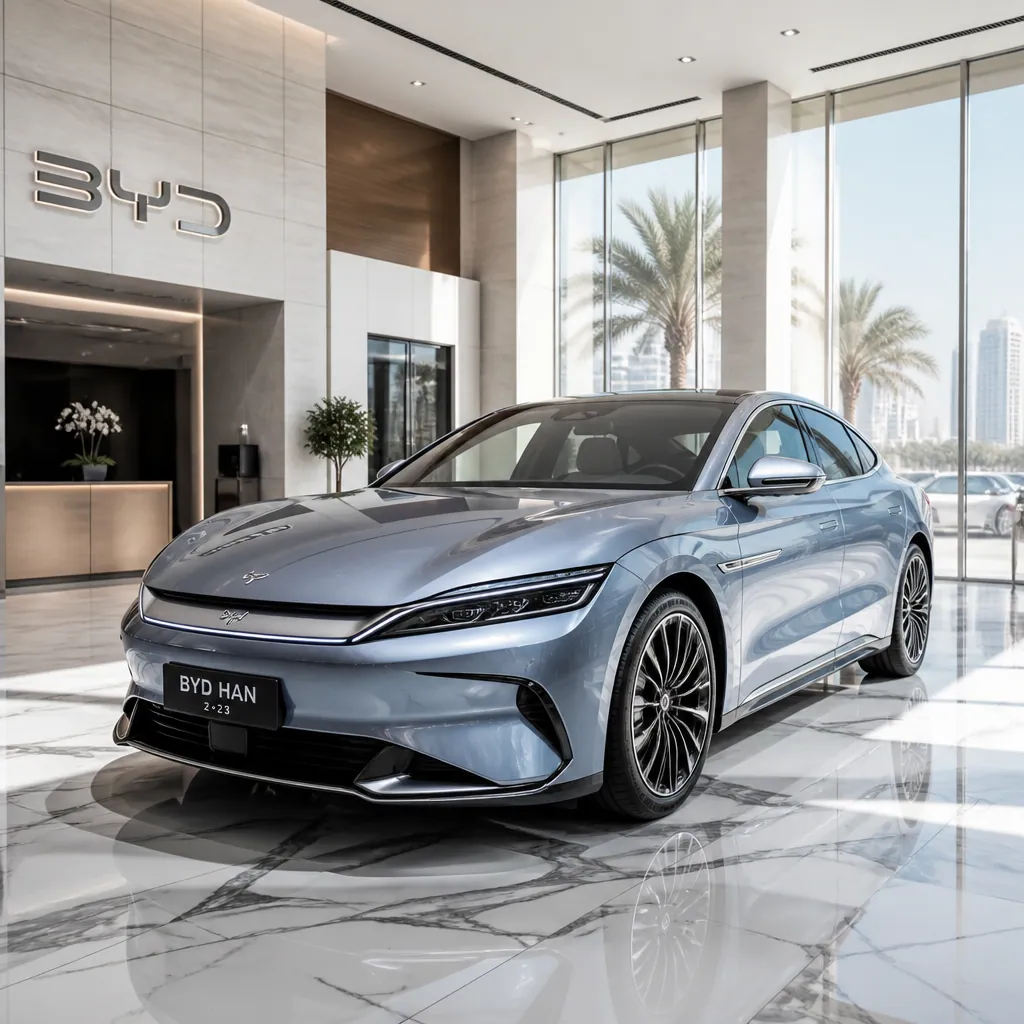 Chinese electric vehicle displayed in a contemporary Middle Eastern car showroom