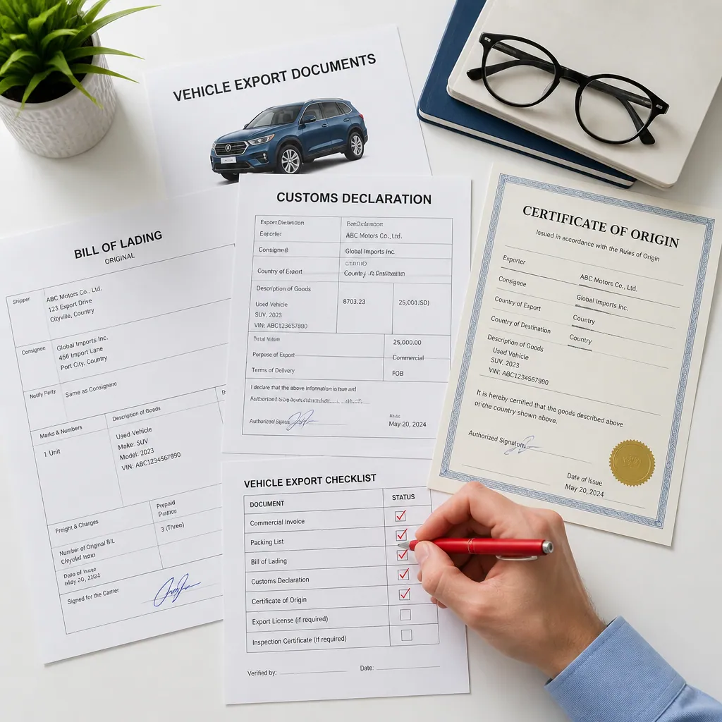 Vehicle export documentation and customs forms organized on a desk with pen marking checklist items