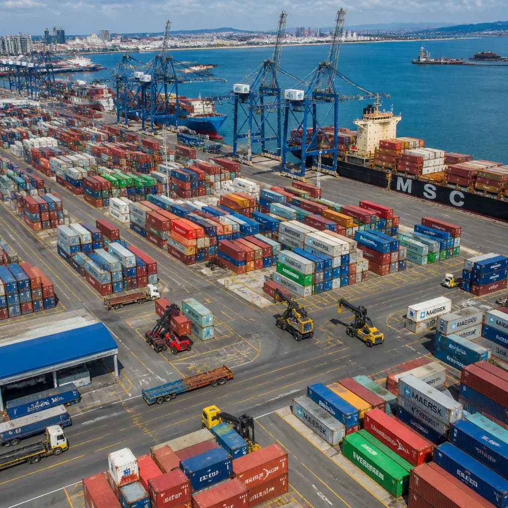 Overhead view of containers and cargo ships at an African port terminal