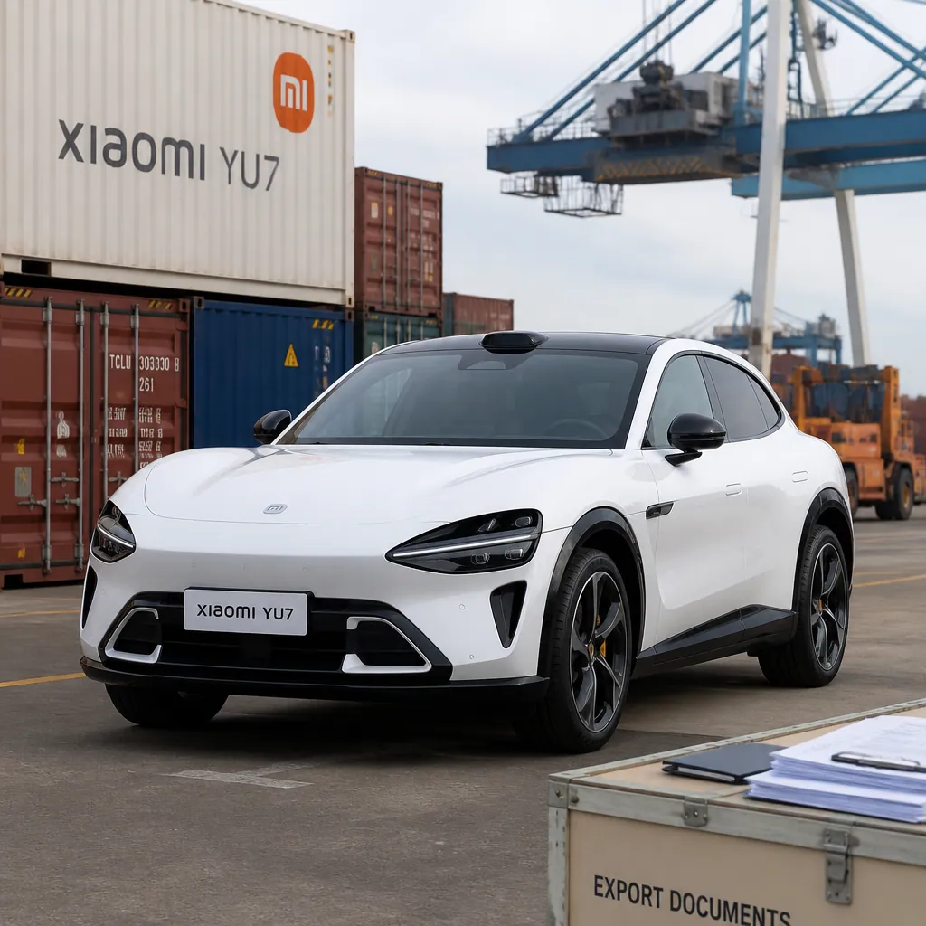 Xiaomi YU7 electric vehicle at an international export logistics facility with shipping containers