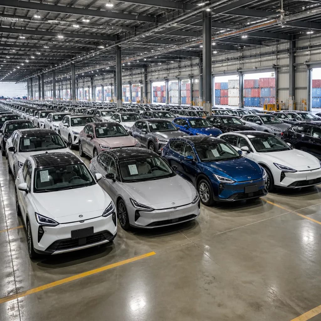 Fleet vehicles lined up in a modern distribution center ready for export