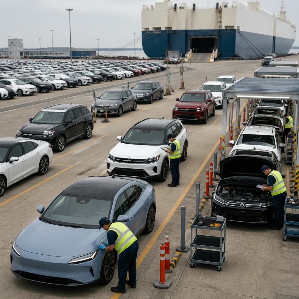 New vehicles from China organized in an export facility with quality inspection checkpoints