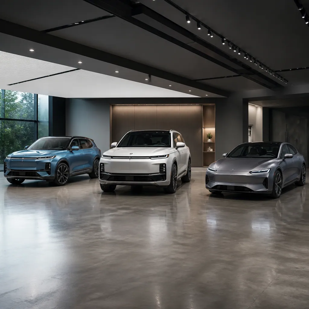 Three Chinese electric vehicles displayed in a contemporary automotive showroom gallery
