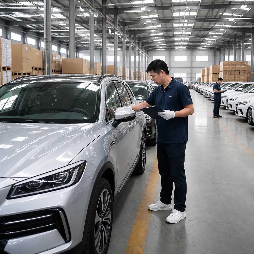 A modern Chinese automotive warehouse with rows of new vehicles being inspected for export quality control