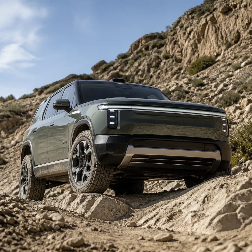 Full size EREV SUV tackling rocky off road terrain with visible ground clearance and rugged design