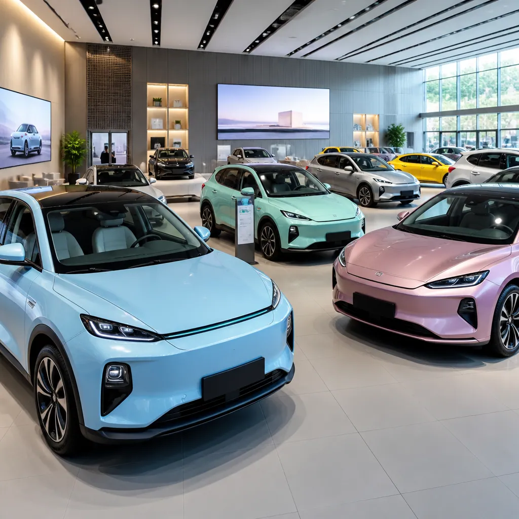 A modern showroom featuring a variety of new electric vehicles from different Chinese car brands.