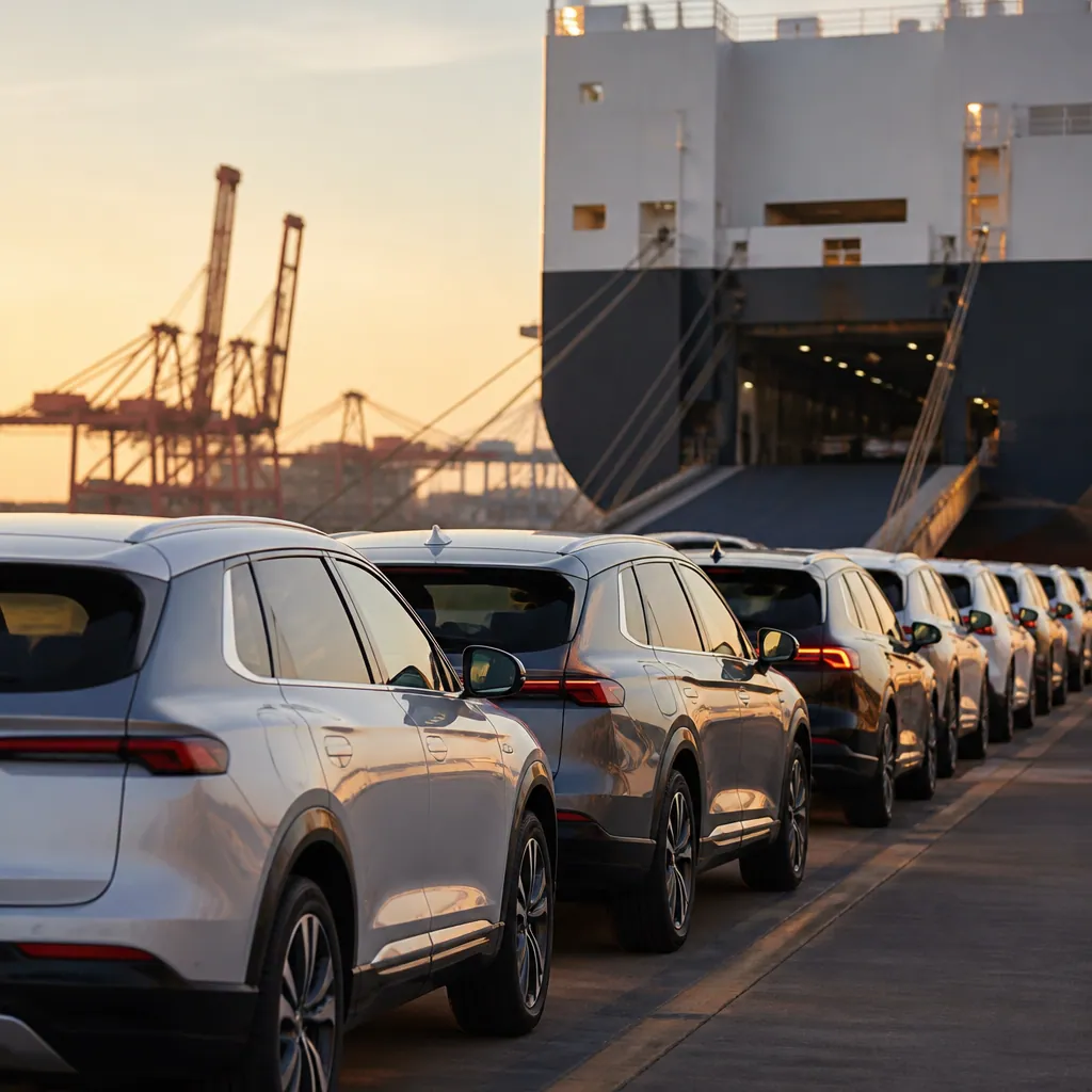 Brand new cars lined up on the ramp of a RoRo ship for shipping cars from China