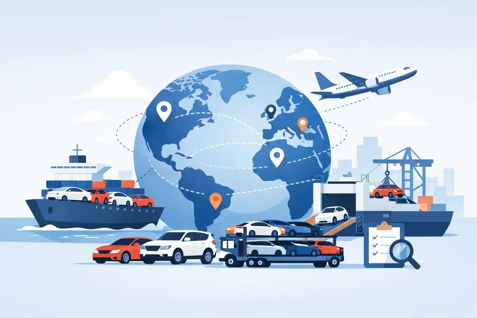 International vehicle shipping process showing cargo ship, containers, export documentation and vehicle transport logistics