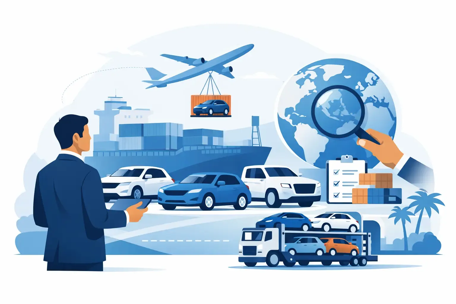 International vehicle sourcing process showing vehicle selection, inspection, documentation and export logistics planning